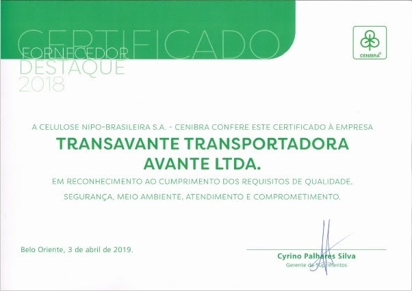 Certificado Fornecedor Destaque 2018 - Cenibra