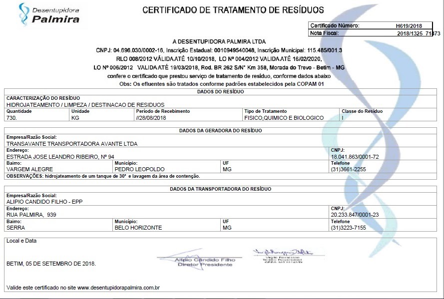 Certificado de Tratamento de Resíduos