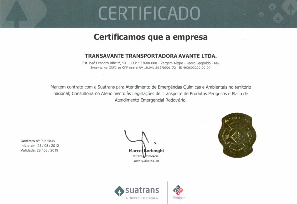 Certificado Suatrans - Atendimento a Emergências Químicas e Ambientais